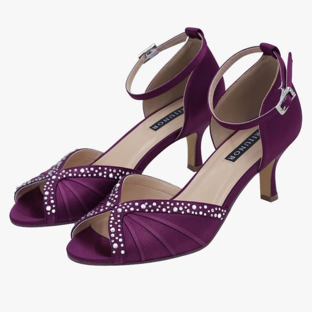 ERIJUNOR Women Comfort Low Heels Ankle Strap Rhinestones Pleat Satin Wedding Eve
